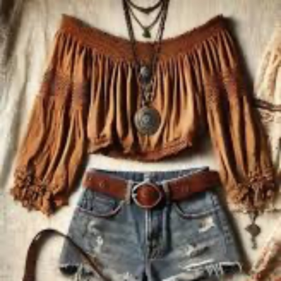 Boho Rebellion Denim Lace Bell Sleeve Blouse Size Small - Picture 1 of 4
